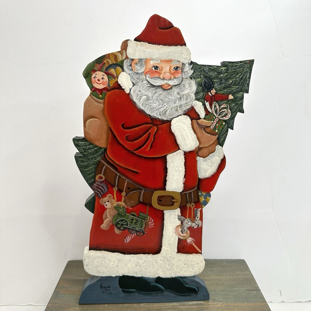 Hand Painted Folk Art Wooden Santa Christmas Figure Free Standing Signed 18.5"